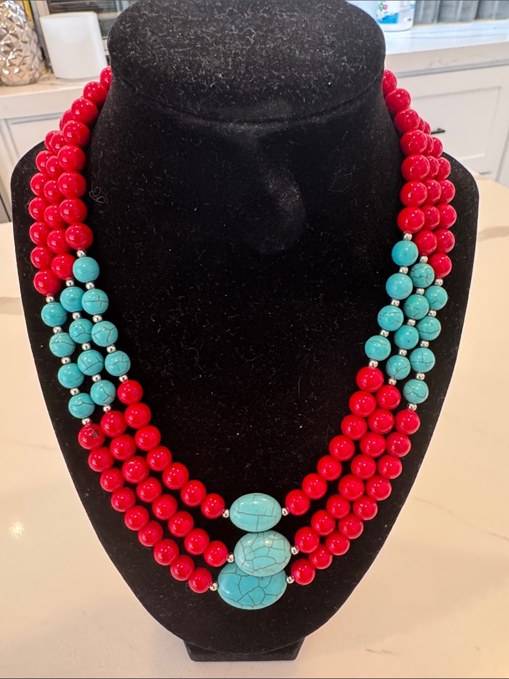 Red and Turquoise Multi-Strand Beaded Necklace - Women Jewelry